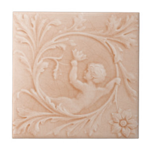 Azulejo De Cerâmica Repro c1880 Minton Faux Alivio Cherub Rosa Pêssega