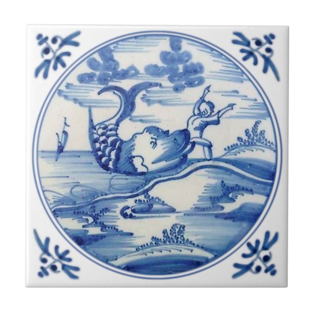 Azulejo De Cerâmica Repro Delft Biblical Jonah e a Baleia 1700 (Frente)