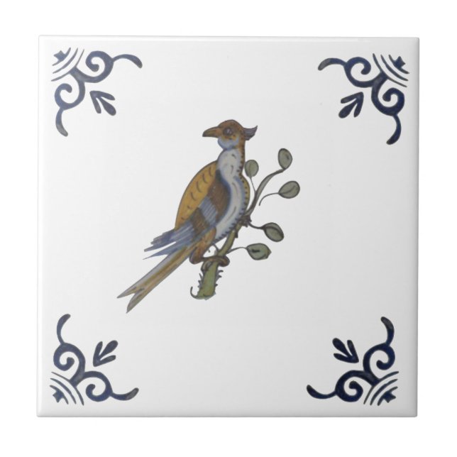 Azulejo De Cerâmica Repro Delft Bird on Branch w/Berries on White Azul (Frente)