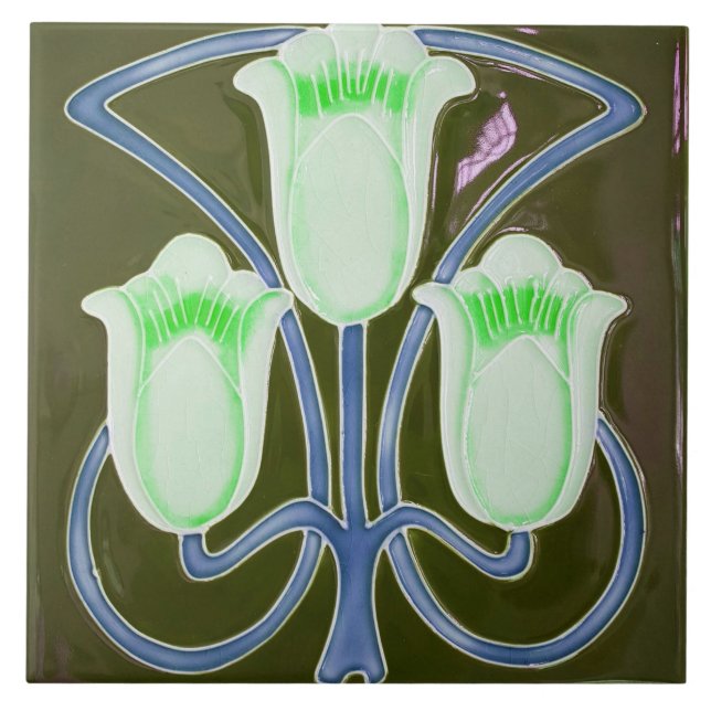 Azulejo De Cerâmica Repro Edwardian Art Nouveau Green Tulip Floral (Frente)