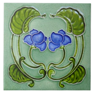 Azulejo De Cerâmica Repro Floral Verde Azul Nouveau - Arte Simétrica
