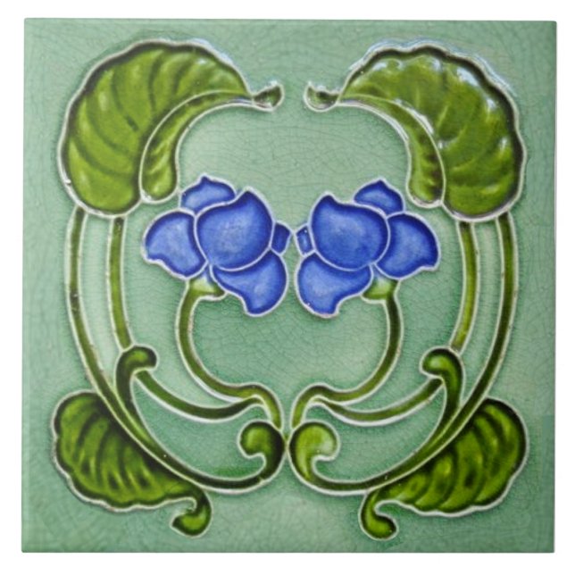 Azulejo De Cerâmica Repro Floral Verde Azul Nouveau - Arte Simétrica (Frente)