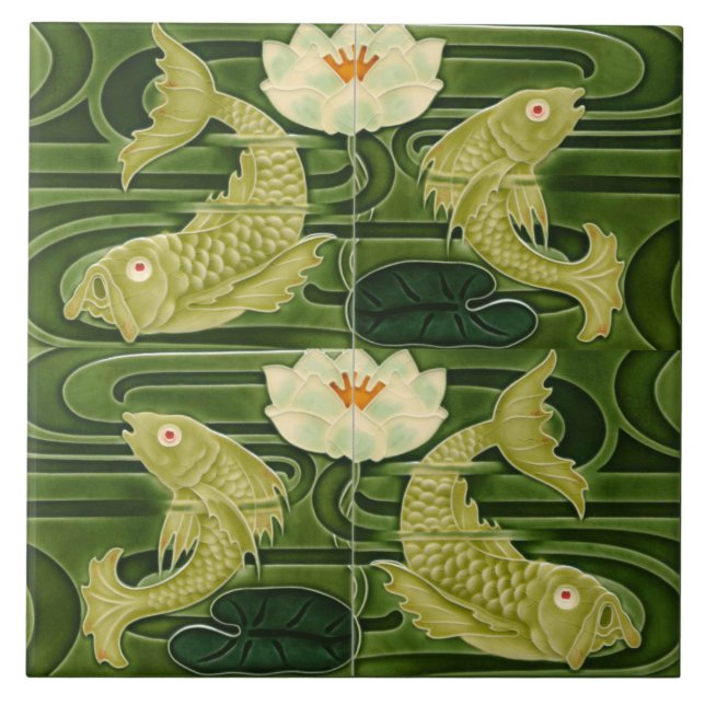 Azulejo De Cerâmica Repro German Art Nouveau Jugendstil Pond Fish (Frente)