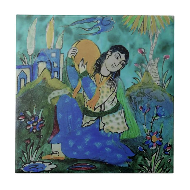 Azulejo De Cerâmica Repro, Percussionista Quajar Persa Colorida Brilha (Frente)