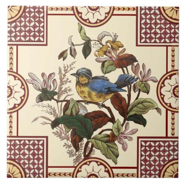 Azulejo De Cerâmica Reprodução de aves e flores estéticas vitorianas (Frente)