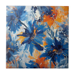 Azulejo De Cerâmica Resumo em floral azul e laranja