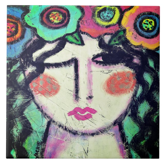 Azulejo De Cerâmica Retrato Abstrato adorável de uma Mulher (Frente)