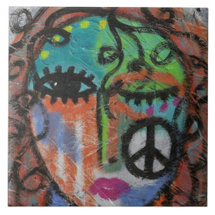 Azulejo De Cerâmica Retrato Abstrato da Paz de uma Mulher