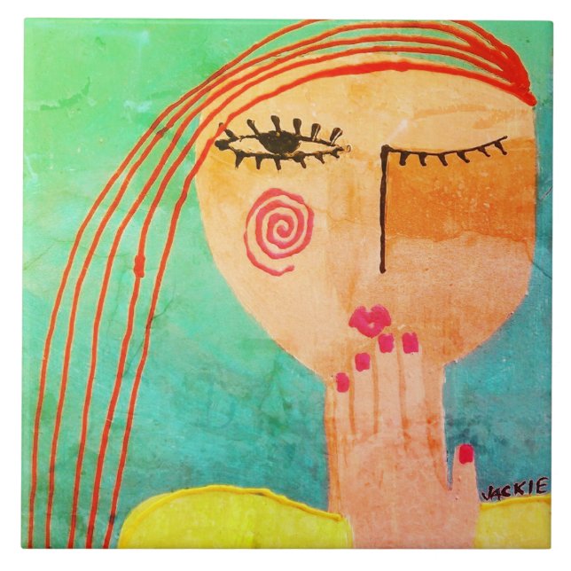 Azulejo De Cerâmica Retrato Abstrato de Beijo de uma Mulher (Frente)