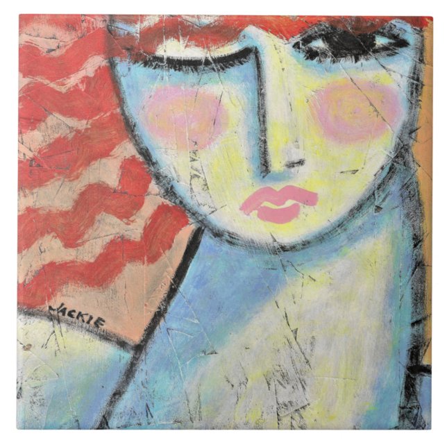 Azulejo De Cerâmica Retrato Abstrato de Cabeça Vermelha de uma Mulher  (Frente)