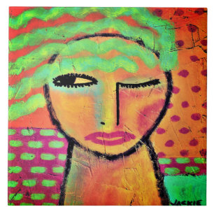 Azulejo De Cerâmica Retrato Abstrato de uma Mulher com Cabelo Verde On