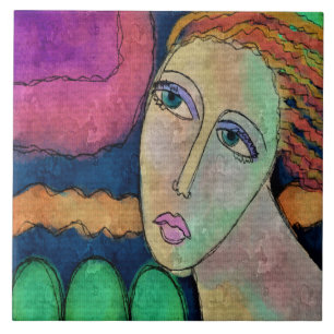 Azulejo De Cerâmica Retrato abstrato de uma pintura digital feminina