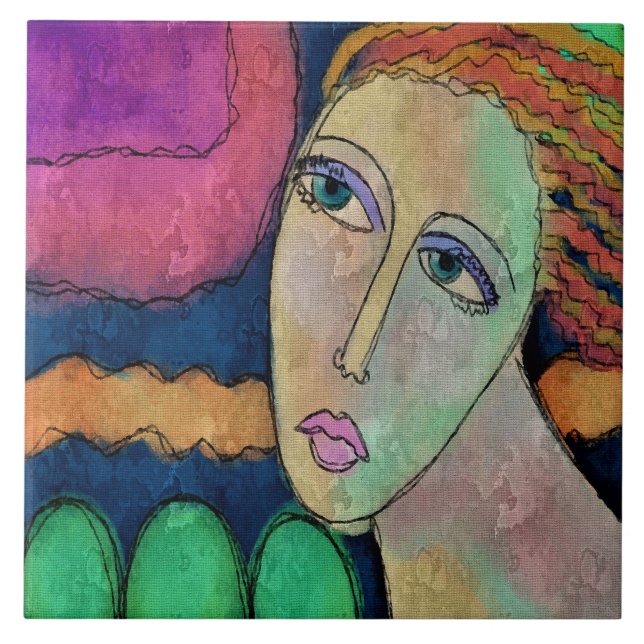 Azulejo De Cerâmica Retrato abstrato de uma pintura digital feminina (Frente)