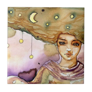 Azulejo De Cerâmica Retrato abstrato e mulher bonito