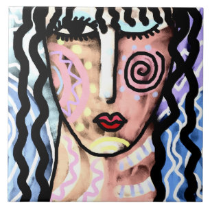 Azulejo De Cerâmica Retrato Abstrato Funky de uma Mulher