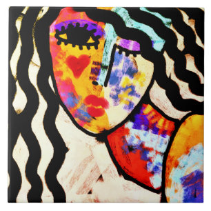 Azulejo De Cerâmica Retrato Abstrato Funky de uma Mulher