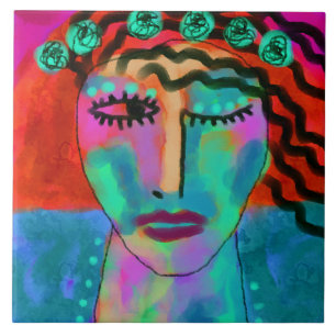 Azulejo De Cerâmica Retrato Abstrato para Crianças Flores de uma Mulhe