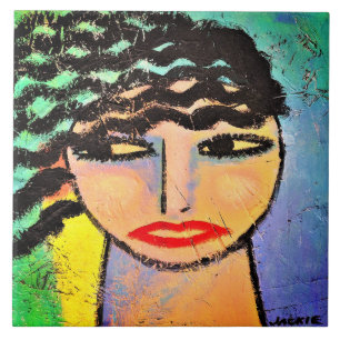 Azulejo De Cerâmica Retrato Abstrato Sonhador de uma Mulher