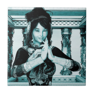 Azulejo De Cerâmica Retrato Artístico Azul de Mulher Real Asiática