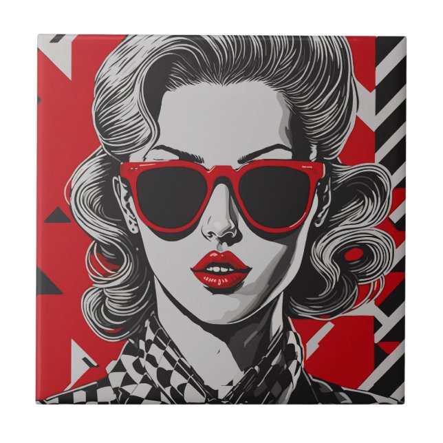 Azulejo De Cerâmica Retrato chic de pop art de uma mulher (Frente)