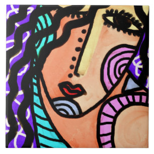 Azulejo De Cerâmica Retrato colorido Abstrato de uma mulher
