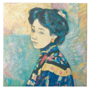 Azulejo De Cerâmica Retrato da Mulher Japonesa (por Fujishima Takeji)