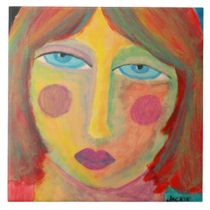 Azulejo De Cerâmica Retrato de Abstrato de cor-de-rosa de uma mulher v