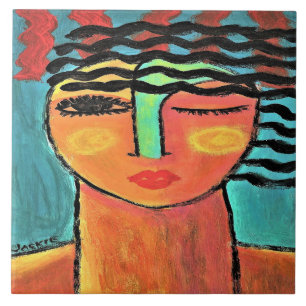 Azulejo De Cerâmica Retrato de Abstrato de onda de calor de uma mulher