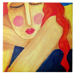 Azulejo De Cerâmica Retrato de Abstrato de solidão de uma mulher