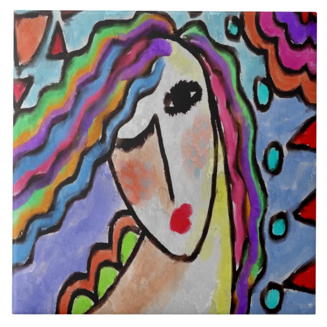 Azulejo De Cerâmica Retrato de Abstrato funky de uma mulher (Frente)