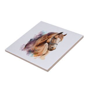 Azulejo De Cerâmica Retrato de cabeça de cavalo marrom em aquarela
