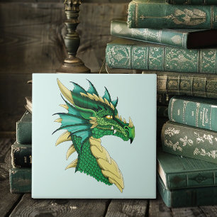 Azulejo De Cerâmica Retrato de Cabeça de Dragão Verde Esmeralda Fantas