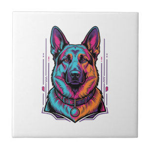 Azulejo De Cerâmica Retrato de Cachorro Neon Gravura Vintage Gráfico_1
