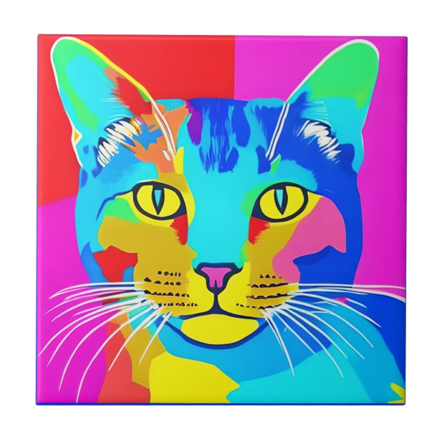 Azulejo De Cerâmica Retrato de Cat Pop com várias cores (Frente)