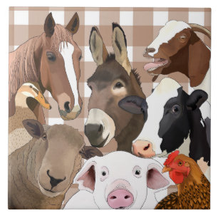 Azulejo De Cerâmica Retrato de Fazenda-branca Gingham Check - Brown