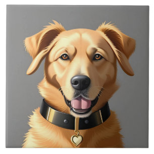 Azulejo De Cerâmica Retrato de Golden Retriever Usando Colar Preto