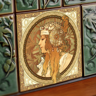 Azulejo De Cerâmica Retrato de Mulher de Alphonse Mucha Arte Nova Vint