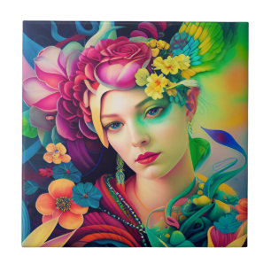 Azulejo De Cerâmica Retrato de uma Mulher Adornada com Flores