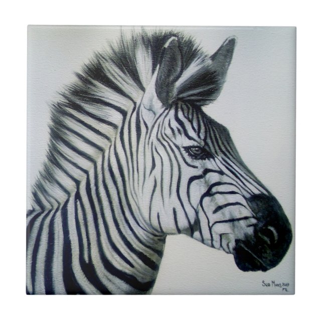 Azulejo De Cerâmica Retrato de Zebra Preto e Branco (Frente)