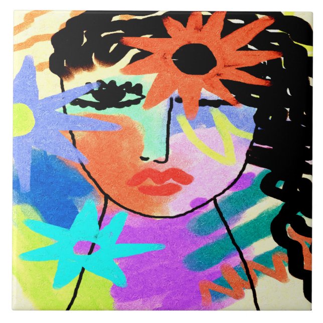 Azulejo De Cerâmica Retrato digital Abstrato de calor de uma mulher (Frente)