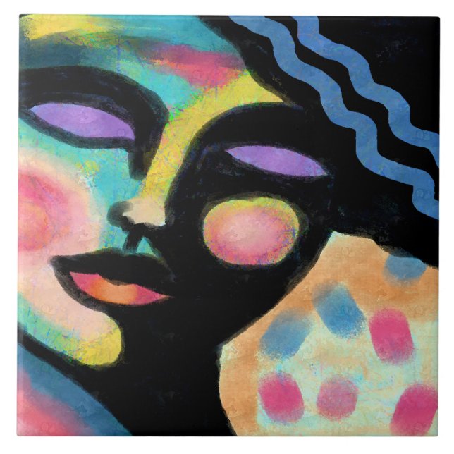 Azulejo De Cerâmica Retrato digital Abstrato de sonho de uma mulher (Frente)