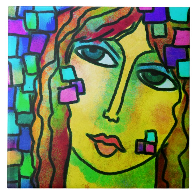 Azulejo De Cerâmica Retrato digital Abstrato de uma mulher (Frente)