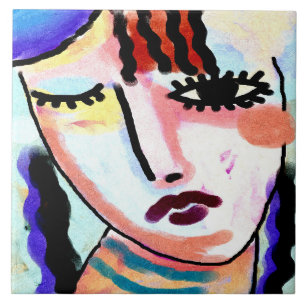 Azulejo De Cerâmica Retrato digital Abstrato de uma mulher meio triste