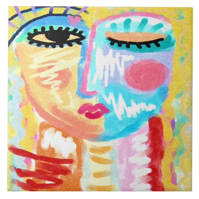 Azulejo De Cerâmica Retrato digital Abstrato loiro de uma mulher (Frente)