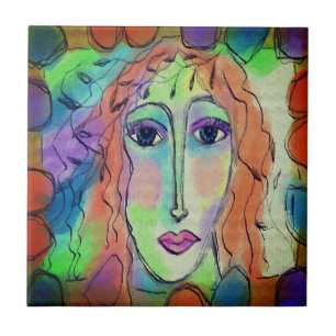 Azulejo De Cerâmica Retrato digital Abstrato original de uma mulher