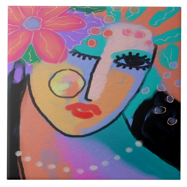 Azulejo De Cerâmica Retrato digital Abstrato para cima e tudo vestido (Frente)