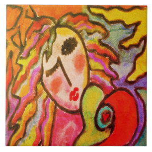 Azulejo De Cerâmica Retrato digital colorido Abstrato de uma mulher