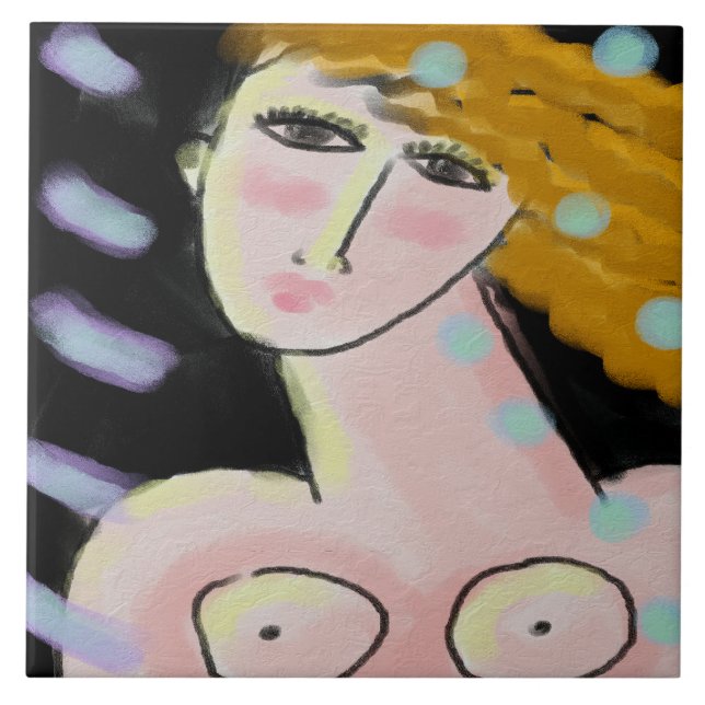 Azulejo De Cerâmica Retrato digital de Abstrato da Noite 2 de uma Mulh (Frente)