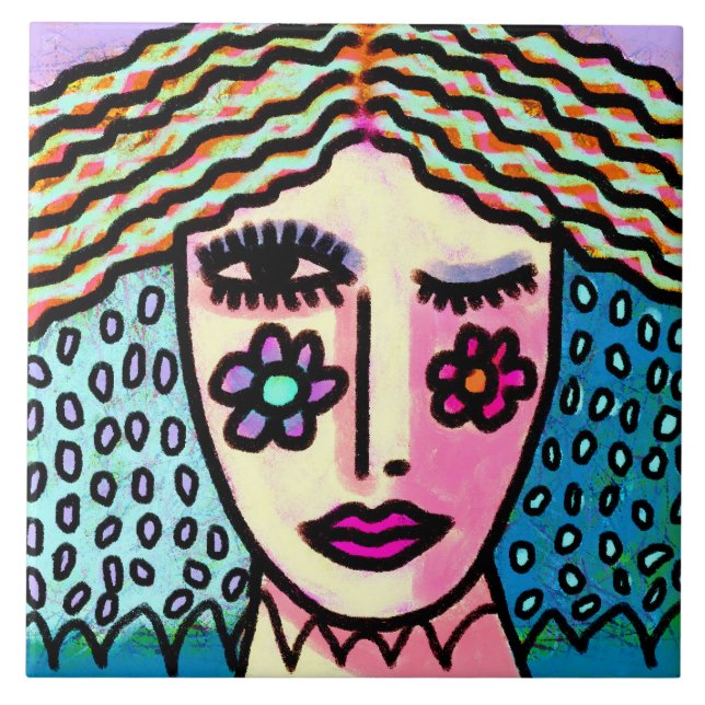 Azulejo De Cerâmica Retrato digital funky Abstrato de uma mulher (Frente)