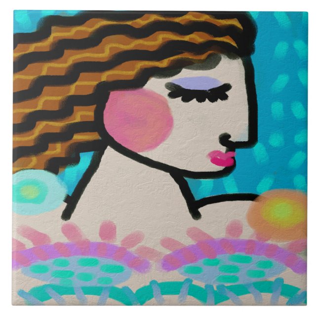 Azulejo De Cerâmica Retrato digital pacífico Abstrato de uma mulher (Frente)